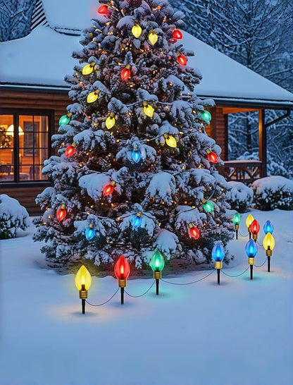 2 Pack 7FT LED Jumbo C9 Christmas Lights Pathway,4 Christmas Walkway Lights with Pathway Marker Stakes,Jumbo Clear Multicolor Big Light Bulb for Driveways Garden Holiday Christmas Decor