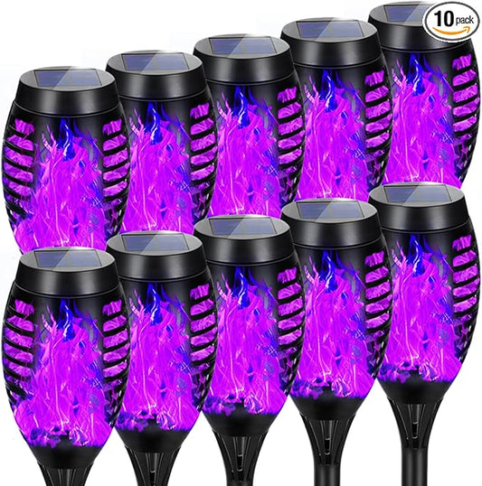 Solar Lights Outdoor, Upgraded 10 Pack Purple Solar Torch Lights Outdoor Flickering Flame for Garden Decor, Waterproof Outdoor Lights Solar Powered, Tiki Torches for Outside Yard Pathway Decor