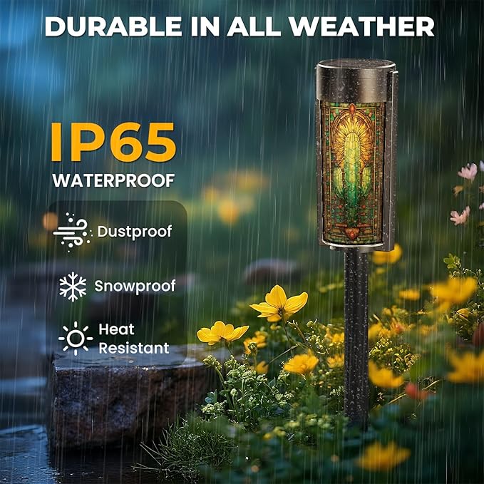 8 Pack Solar Pathway Lights Outdoor Waterproof Stained Glass Window Cactus Sunset Desert Western Motifs Solar Garden Lights LED Landscape Lighting for Yard Walkway Lawn Garden Decor