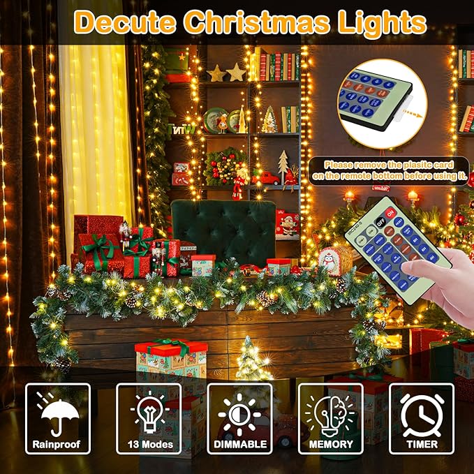 Decute 500LED 164FT Christmas Tree String Lights Green Wire Dimmable with Remote Control, UL Listed Plug in Fairy Starry Lights Decorative for Christmas Tree Party Wedding Indoor Outdoor Warm White