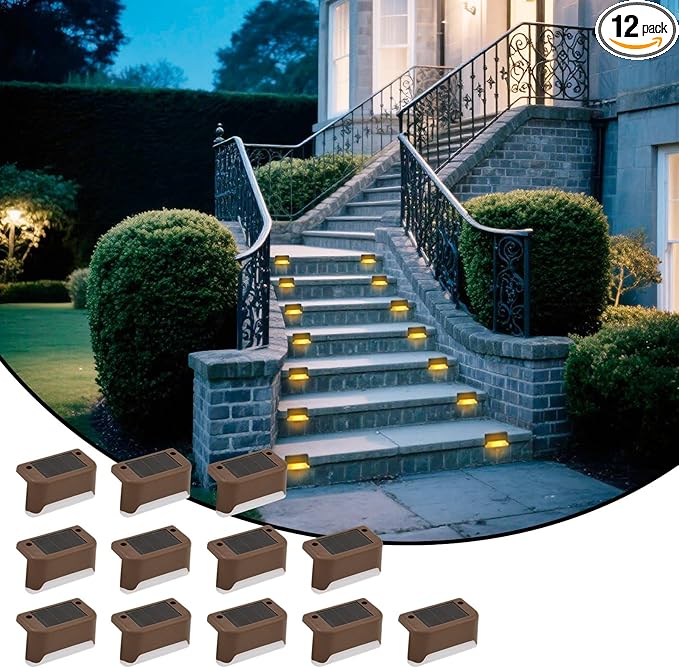 XhuangTech Solar Fence Lights Outdoor Garden, 12 Pack Solar Step Lights, Waterproof Deck Lighting for Stairs, Steps, Yard, Patio, Pathway, Gutter, Wall Decoration Ambient Light (Warm White Light)