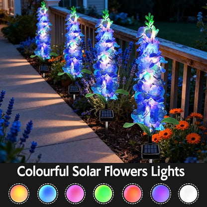 Solar Garden Lights, Solar Blue Delphinium Flowers Lights 4 Pack 80 LEDs, Waterproof Outdoor Light Two Lighting Modes for Outside Wedding Party Garden Yard Patio Lawn Decor