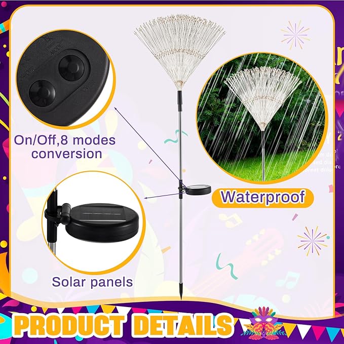 6 Pcs Mardi Gras Solar Firework Lights Solar Lights Outdoor Garden 120 LED 8 Modes Waterproof LED Sparkler Outdoor for Carnival Patio Yard Pathway Walkway (Purple,Yellow,Green)