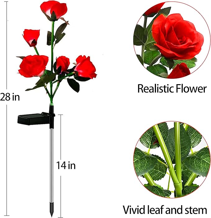 2 Pack Color-Changing Solar Rose Lights Flower Stake with 10 Roses, for Outdoor Garden Cemetery Patio Yard Pathway Decoration, Red