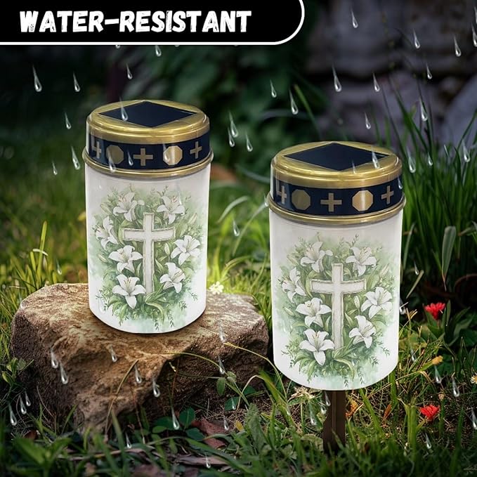 Cross Lily Pattern Solar Garden Stake Lights,Solar Cemetery for Grave Outdoor Lights, Sympathy Memorial Gifts for Grandmother, for Garden Yard Lawn Patio Decor