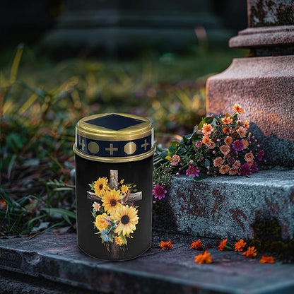 Cross-Sunflower Solar Lights Outdoor Garden Stake Lights Waterproof Cemetery Solar Lights for Grave Landscape Lighting Outdoor Table Lamp Flameless Lights Warm White LED Lantern