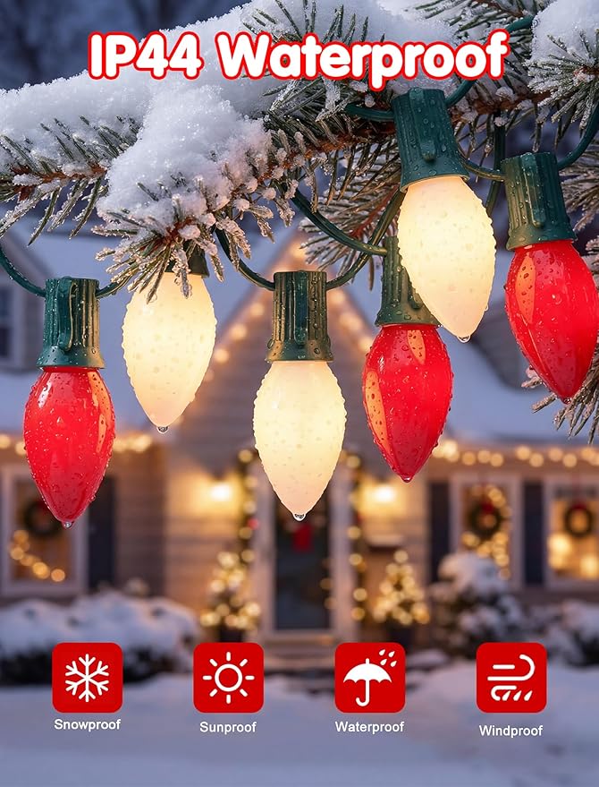 Christmas Multicolor String Lights, Vintage red White Christmas Decor with 26 Red/White Bulbs, 25FT UL Certified C9 | Lumora