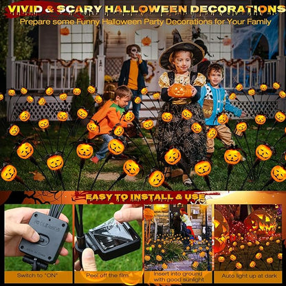 Halloween Decorations Outdoor 4 Pack Solar Lights, 24 LED Scary Pumpkin Swaying Firefly Lights with Spider & Bats for Outside Garden Yard Lawn Grave Cemetery Ghost Decor Party, Orange