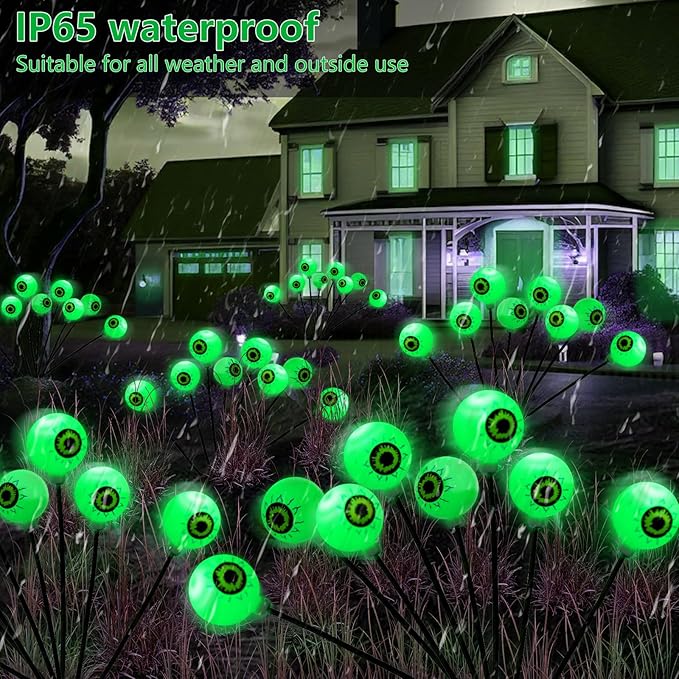 4 Pack Halloween Decorations Outdoor Lights - 32LED Solar Scary Eyeball Pathway Light Swaying by Wind, Waterproof Solar Halloween Stake Lights for Garden Porch Lawn Pathway (Green)