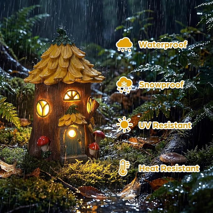 Lavezee Fairy House Outdoor Figurine Lights for Garden Decor, Fairy Garden Houses for Front Porch Patio Backyard Yard Decoration, Birthday Gifts for Mom Women