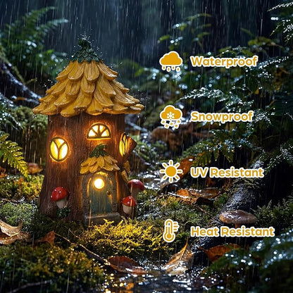 Lavezee Fairy House Outdoor Figurine Lights for Garden Decor, Fairy Garden Houses for Front Porch Patio Backyard Yard Decoration, Birthday Gifts for Mom Women