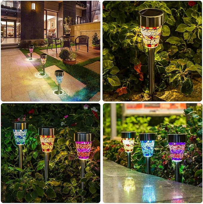 6Pcs Solar Mosaic Border Lawn Garden Lights, LED Mosaic Stake Lights Pathway Landscape Lighting for Patio Walkway | Lumora