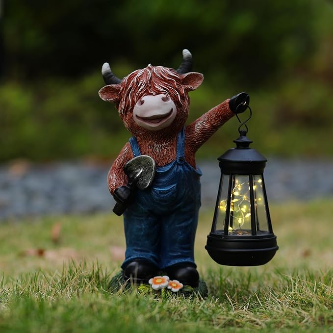 Highland Cow Garden Statue 10.4" with Solar Lantern， Decorative Farm Animal Figurine for Indoor Outdoor Home Patio Yard Lawn Ornament and Gift for Mom