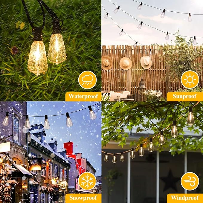 LED Outdoor String Lights 100FT Patio Lights with 25 Shatterproof ST38 Vintage Edison Bulbs, Outside Hanging Light Waterproof for Porch, Deck, Garden, Backyard, Balcony, Dimmable 2700K