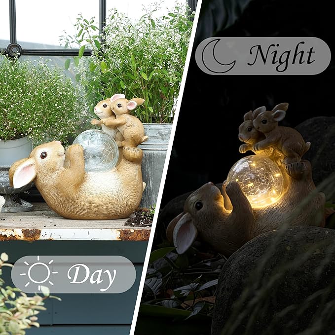 Solar Bunny Lamp Playing with Ball, 10x5x9 Inch Outdoor Easter Rabbit Decor, Whimsical Garden Statue for Lawn, Backyard & Night Landscape, Easter Bunny Figurine Night Light