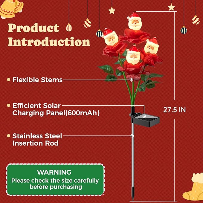 2 Packs Christmas Rose Solar Garden Light with Santa Claus, 27.4 Inches Garden Solar Light Outdoor for Christmas Decoration, Auto ON/Off, IP65 Waterproof, Suitable for Courtyard, Pond, Walkway
