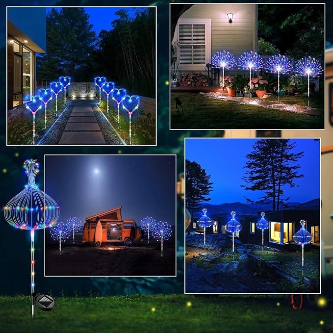4 Pack LED Outdoor Solar Colorful Fireworks Lights, Gradient Garden Atmosphere Decorative Path Lights, 2 Modes Waterproof DIY Courtyard Decor
