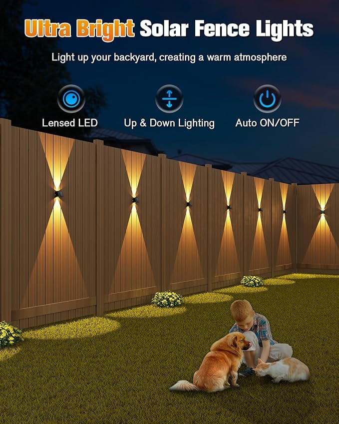 VOLISUN Solar Fence Lights 6 Pack, Color Glow LED Up and Down Wall Lamp, IP65 Waterproof Solar Lights Outdoor for Patio, Backyard, Railing, Deck, Fence and Wall（2 Lenses）