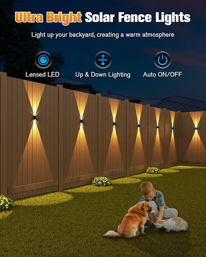 VOLISUN Solar Fence Lights 6 Pack, Color Glow LED Up and Down Wall Lamp, IP65 Waterproof Solar Lights Outdoor for Patio, Backyard, Railing, Deck, Fence and Wall（2 Lenses）