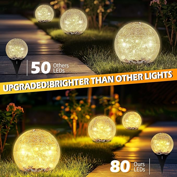 Coroor Garden Solar Ball Lights Outdoor Waterproof, 80 LED Cracked Glass Globe Solar Power Ground Lights for Path | Lumora