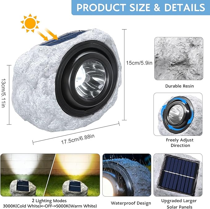 Solar Powered Rock Lights Outdoor- 1 Pack Super Bright Solar Spot Garden with 2 Lighting Modes, IP65 Waterproof Outdoor Decorative for Garden,Backyard, Roads, Yard, Patio Landscape,Sidewalks