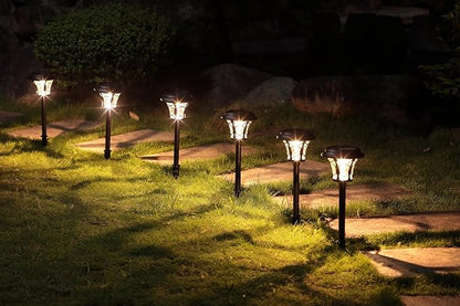 6-Pack Solar Post Lights, Outdoor Pathway & Fence Lights with Warm White 3000K LED, Auto On/Off Dusk to Dawn, Matte Black Metal & Glass, Tool-Free Installation, IP45 Waterproof [W58341]