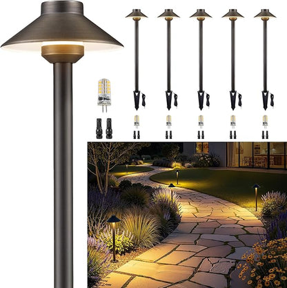 Gardenreet Low Voltage Landscape Sidewalk Lighting, Solid Brass Pathlights, LED Driveway Warm Light Waterproof, Hat Shaped 12V Wired Bronze for Walkway Garden with 3W 270LM 3000K G4 Bulb (6 Pack)