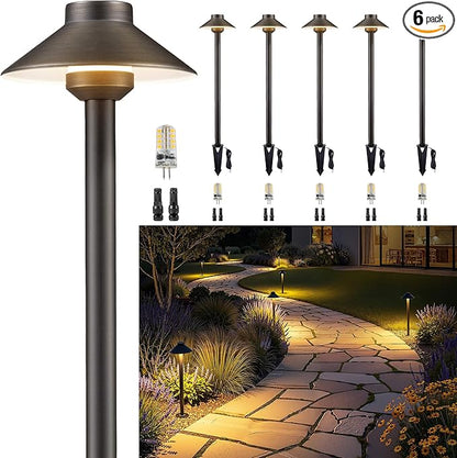 Gardenreet Low Voltage Landscape Lighting - Solid Brass Pathway Lights 12V, LED Path Lamp Waterproof, Hat Shaped Wired Bronze for Walkway Garden with 3W 270LM 4000K Neutral White G4 Bulb (6 Pack)