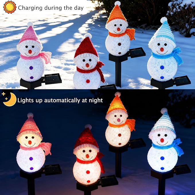 Solar Christmas Pathway Lights Outdoor Decoations, 4 Color Waterproof Snowman Stake Solar Garden Lights, Yard Lawn Walkway Landscape Patio Christmas Decorations Outdoor LED Lights