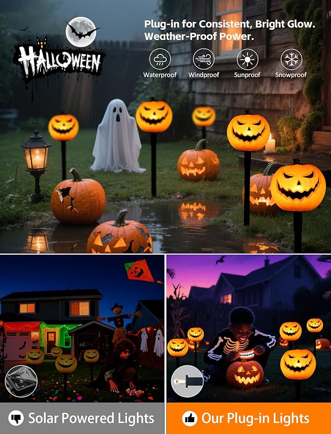 Classic Halloween Charm: 5 Pack UL-Listed Pumpkin Pathway Lights,Warm & Steady Plug-in Jack o' Lanterns,Weatherproof Outdoor Decor Stakes for a Safe, Nostalgic Trick-or-Treat Yard