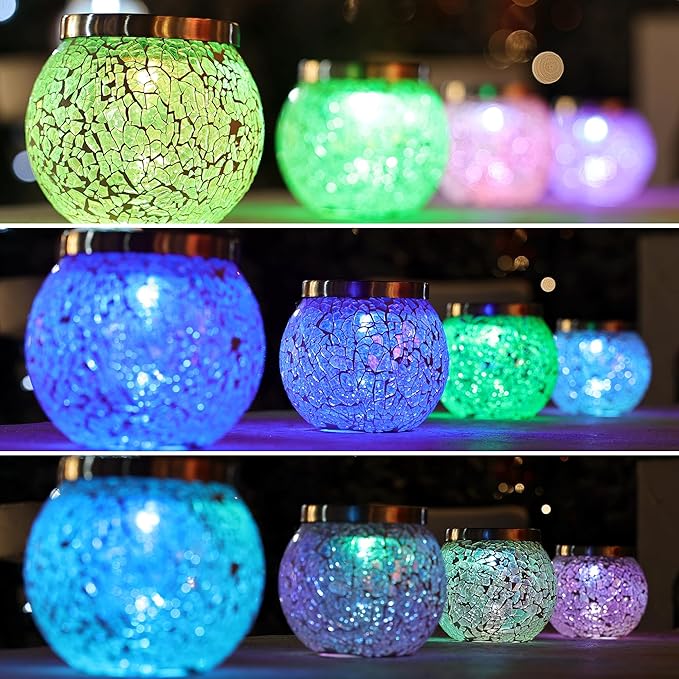 Cooo 6 Pack Gift for him her Heavy Solar Mosaic Crackle Glass Lights with Dual Solar Panels, Color-Changing RGB Lantern, Exclusive Dazzling Glass, Waterproof Outdoor Table Lamps Garden Lamp