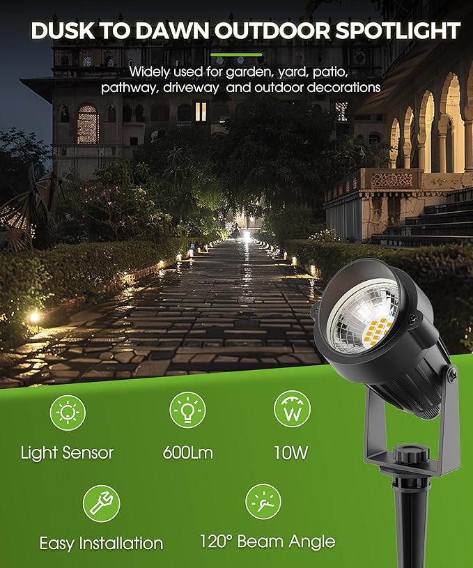 L LOHAS LED 10W Dusk to Dawn Outdoor Lighting, Auto On/Off 3000K Landscape Spot Lights Outdoor, IP66 Waterproof Spot Lights for Yard, Garden, House, Pathway, Plant, UL Listed (2 Pack)