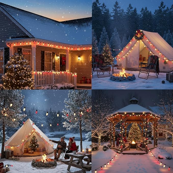 25FT C9 Christmas Outdoor Lights,Red and Frosted White Christmas Lights with 26 Bulbs(1 Spare),Commercial Vintage Red White String Light for Tree Yard Garden Porch Party