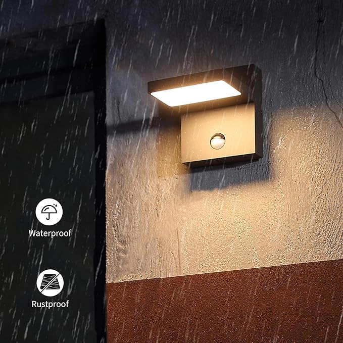 Motion Sensor Outdoor Rotatable Wall Light Exterior LED Fixture Aluminum Wired Porch Lamps Adjustable Sconce Black Front Door Lantern for Patio Garden Garage Yard