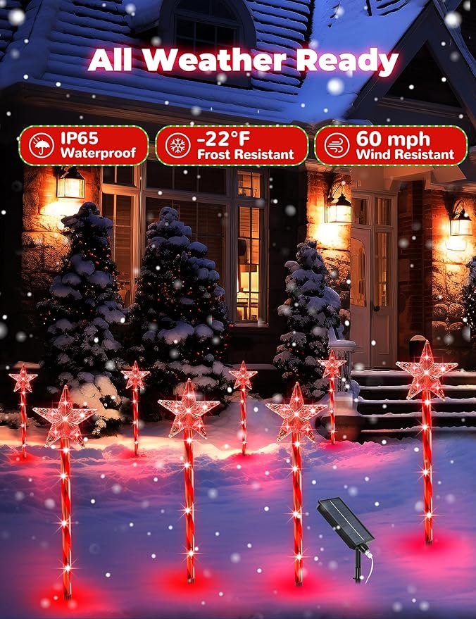 Solar Christmas Lights Outdoor 8 Pack, 2200mAh Solar Xmas Decorations Star Light, 8 Lighting Modes IP65 Waterproof Christmas Pathway Lights Outside for Garden, Yard, Street, Park, Holiday (RED)