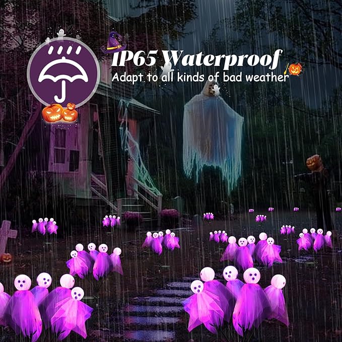 Halloween Decorations Outdoor, Solar Scary Ghosts Lights, 4 Packs 24 LED Swaying Firefly Light & Ghost Decor, Waterproof Halloween Path Lights for Garden, Lawn, Patio, Yard, Party Decor, Purple