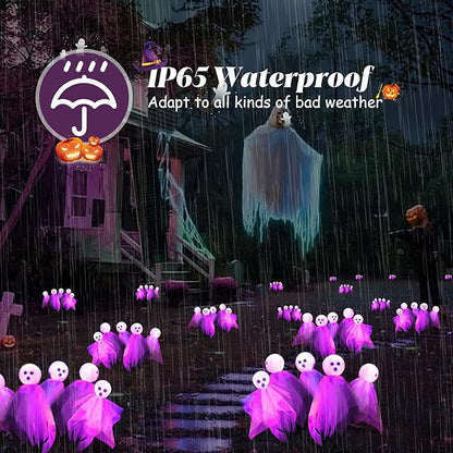 Halloween Decorations Outdoor, Solar Scary Ghosts Lights, 4 Packs 24 LED Swaying Firefly Light & Ghost Decor, Waterproof Halloween Path Lights for Garden, Lawn, Patio, Yard, Party Decor, Purple