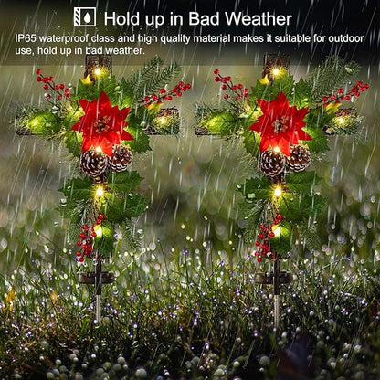 2 Pack Outdoor Solar Lights Christmas Decorations, Cross Stake Lights with Faux Poinsettia Pine Cones Red Berries and Foliage for Garden Patio Grave