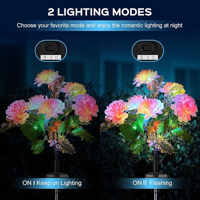 2 Pack Solar Garden Lights Outdoor, LED Colorful Waterproof Solar Powered Chrysanthemum Flowers Landscape Lights for Patio, Outside Yard, Pathway Decorative, Décor, Gifts, Two Lighting Modes