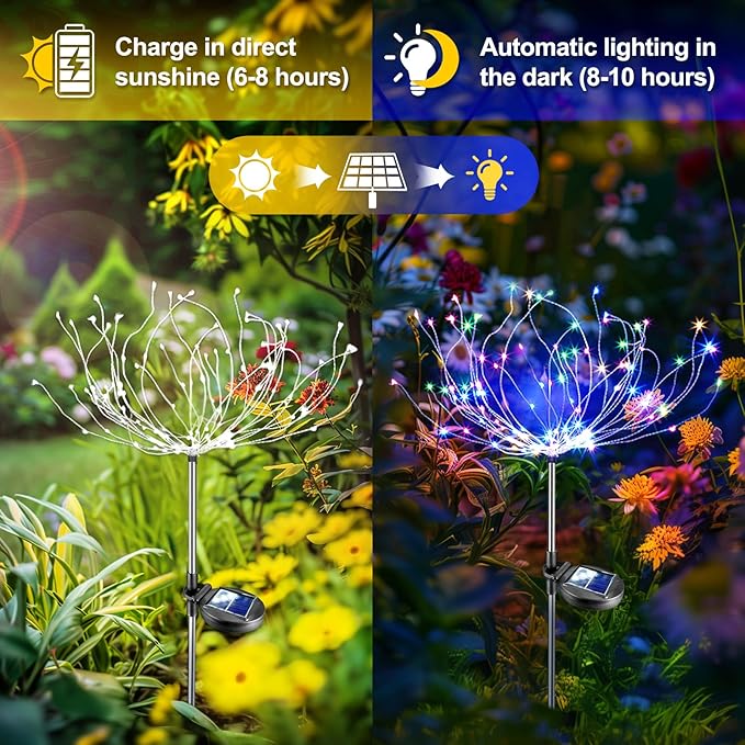 Anordsem Solar Lights Outdoor Waterproof: 4 Pack Garden Light - Bendable Copper Wire with 120 LED Firework Beads - DIY Colorful Fun Decoration for Yard Patio - Twinkle Sparkler Gifts for Women Wife