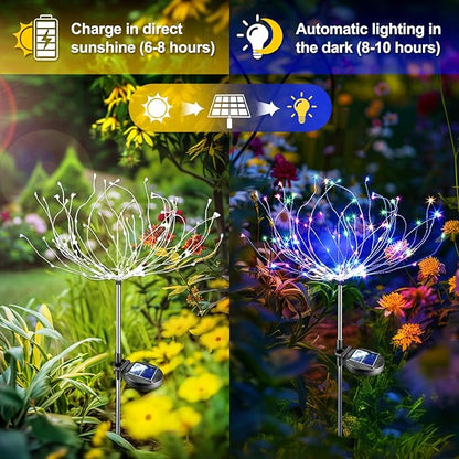 Anordsem Solar Lights Outdoor Waterproof: 4 Pack Garden Light - Bendable Copper Wire with 120 LED Firework Beads - DIY Colorful Fun Decoration for Yard Patio - Twinkle Sparkler Gifts for Women Wife