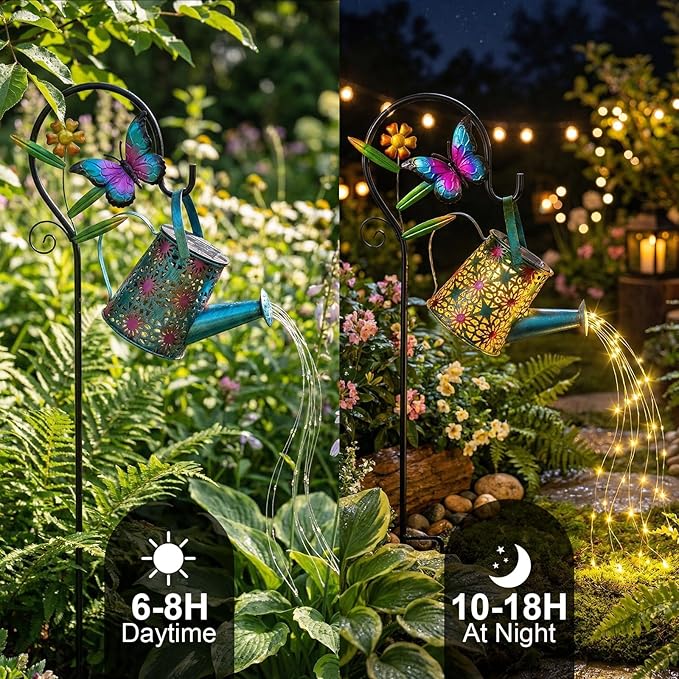 Solar Watering Can with Cascading Lights Outdoor Garden Decor,Waterproof Solar Lantern with Butterfly Shepherd | Lumora