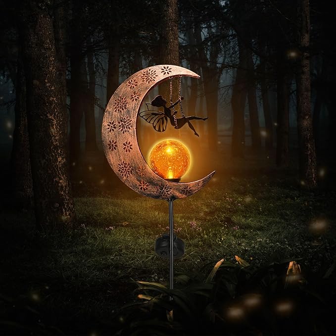 TERESA'S COLLECTIONS Solar Lights Outdoor for Garden Decor, 39" Metal Moon Fairy Pathway Light Garden Statues with Crackle Glass for Patio Decor Lawn Ornaments Yard Art for Outside, Gifts for Mom