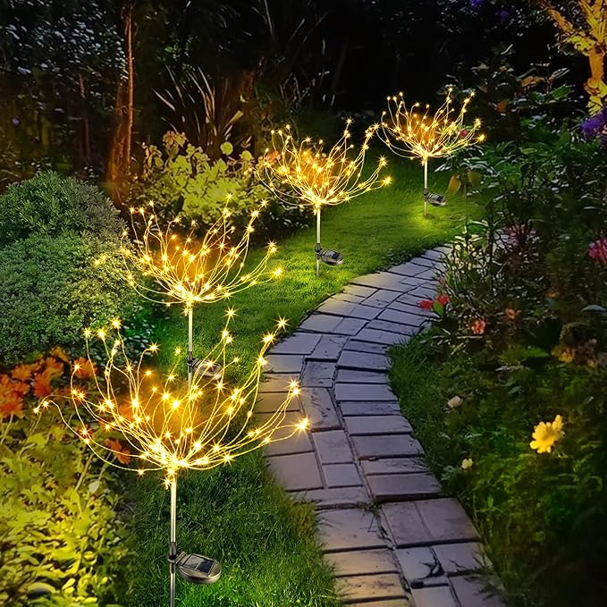 Anordsem Solar Lights Outdoor Waterproof: 2 Pack Garden Light - Bendable Copper Wire with 120 LED Firework Beads - DIY Warm Fun Decoration for Yard Patio - Twinkle Sparkler Gifts for Women Wife
