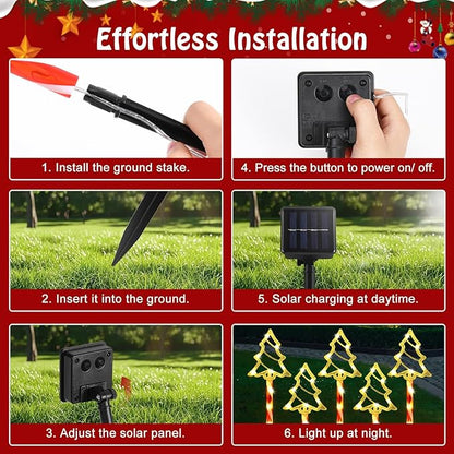 Lewondr Solar Christmas Pathway Lights, 5 PCS Solar Christmas Decorations Outdoor with 2 Lighting Modes, Clear Xmas Tree Lights with Red Pole and Garden Stake, Waterproof Garden Yard Holiday Decor