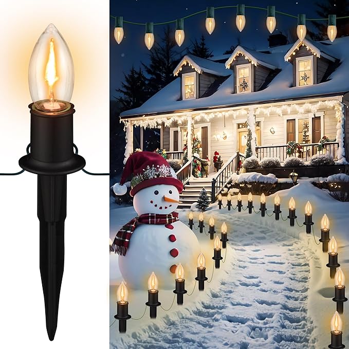C9 Christmas Pathway Lights Outdoor LED - 24.2 Feet String Lights with 20 Bulbs, Waterproof Christmas Path Lights with Stake for Yard, Garden, Lawn, Walkway, Driveway, Sidewalk, Warm White