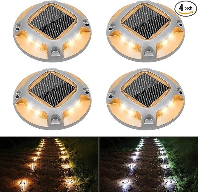 VOLISUN Solar Driveway Lights Dock Marine Lights 4 Pack,2 Colors in 1,Outdoor LED Deck Light,Solar Powered Waterproof Warning Step Light for Driveway Sidewalk Pathway (White/Warm White)