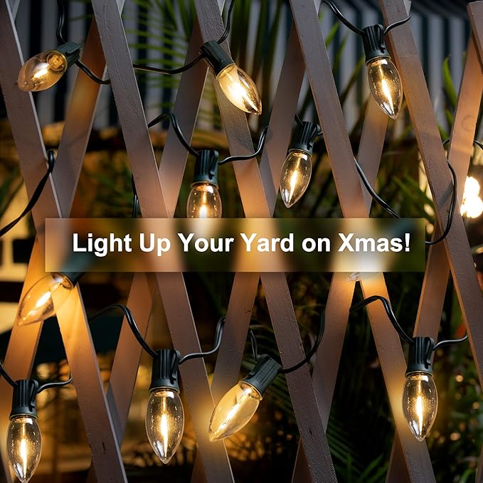 C9 Christmas Pathway Lights Outdoor LED - 24.2 Feet String Lights with 20 Bulbs, Waterproof Christmas Path Lights with Stake for Yard, Garden, Lawn, Walkway, Driveway, Sidewalk, Warm White