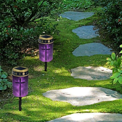 Poceacles Cross Solar Lights Pack of 2 Waterproof Solar Garden Lights Cemetery Solar Outdoor Lights Outdoor Stake Automatic Solar Lantern for Cemetery Grave Decoration, Cross Galaxy Violet