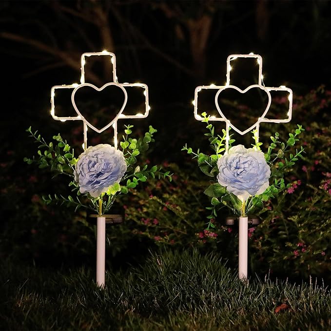 2 Pack 16 Inch Solar Heart Garden Stake Lights with Grave Decorations for Memorial Cemetery Flowers Metal Garden Art for Patio Lawn Garden Decor Solar Outdoor Love